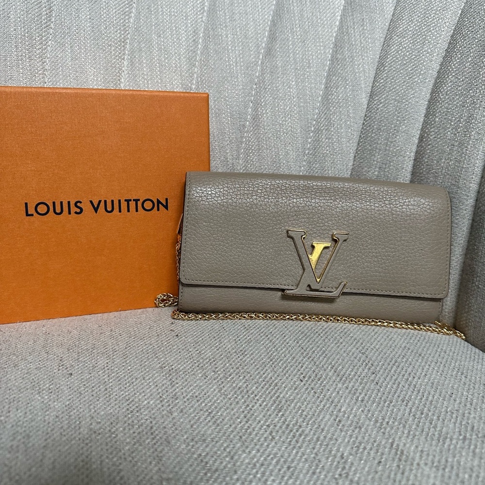 LOUIS VUITTON Taupe Capucines Leather Long Wallet on Chain